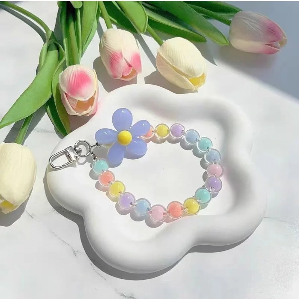 Colorful Pastel Beaded Flower Wrist Phone Lanyard Bracelet Keychain NWT